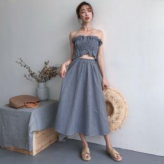 Set: Plaid Tube Top + A-line Midi Skirt