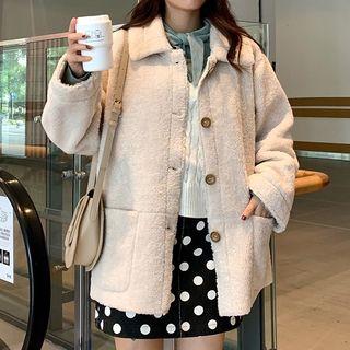 Fleece Loose-fit Plain Jacket Beige - One Size