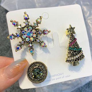 Set Of 3: Rhinestone Christmas Tree / Snowflake / Disc Alloy Brooch Set Of 3 - Red & Green - One Size