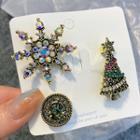 Set Of 3: Rhinestone Christmas Tree / Snowflake / Disc Alloy Brooch Set Of 3 - Red & Green - One Size