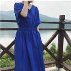 Short-sleeve A-line Midi Dress Blue - One Size