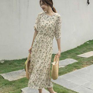 Elbow-sleeve Floral Dress Almond - One Size
