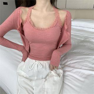 Lace Trim Camisole Top / Plain Cardigan