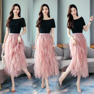 Set; Square Neck Short Sleeve T-shirt + Asymmetric Hem Mesh A-line Skirt