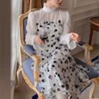 Bell-sleeve Floral Print Mesh Midi A-line Dress