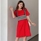 Set: Short-sleeve Mini T-shirt Dress + Striped Camisole