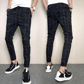Drawstring Waist Plaid Slim Fit Pants