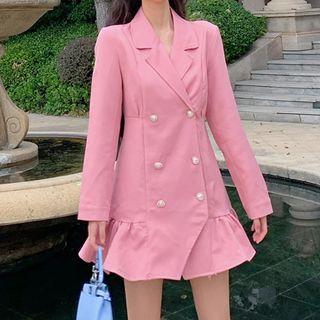 Long-sleeve Double Breast Dress Pink - One Size