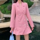 Long-sleeve Double Breast Dress Pink - One Size
