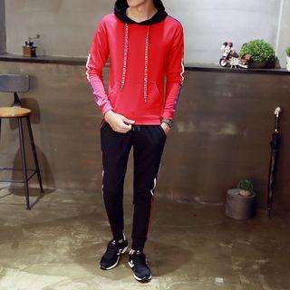 Set: Contrast-color Hooded Pullover + Contrast-color Pants
