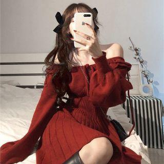 Puff-sleeve Ruffle Knit Mini A-line Dress