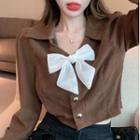 Open-collar Bow Corduroy Crop Shirt