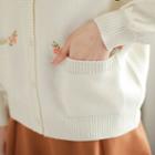 Crew-neck Rose Embroidered Cardigan