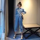 Denim Long-sleeve Cropped Denim Jumpsuit