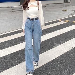 Set: Plain Knit Tube Top + Long-sleeve Shrug Tube Top - White - One Size / Shrug - White - One Size