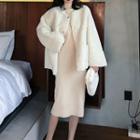 Mock Turtleneck Long-sleeve Midi Knit Dress / Fleece Jacket