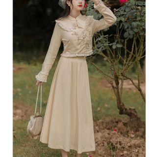 Set: Long-sleeve Flora Embroidered Top + Maxi A-line Skirt