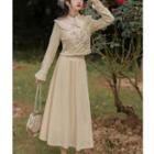 Set: Long-sleeve Flora Embroidered Top + Maxi A-line Skirt