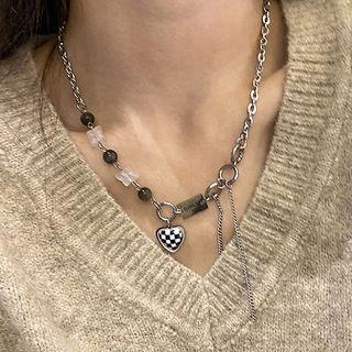 Heart Necklace White & Black & Silver - One Size