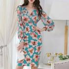 Puff-sleeve Floral Print Sheath Dress