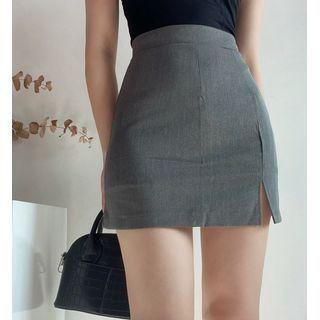 High-waist Plain Slit A-line Skirt