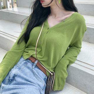V-neck Loose-fit Cardigan Avocado Green - One Size