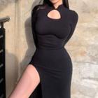 High Neck Cut-out Slit Sheath Dress