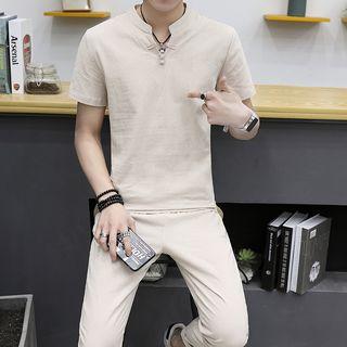 Set: Linen Short Sleeve T-shirt + Cropped Pants
