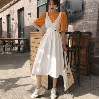 Crew-neck Elbow-sleeve Top / V-neck Sleeveless Midi Dress
