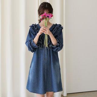 V-neck Frilled-detail Denim Dress