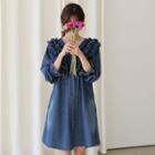 V-neck Frilled-detail Denim Dress