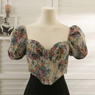 Off-shoulder Printed Crop Blouse Almond - One Size