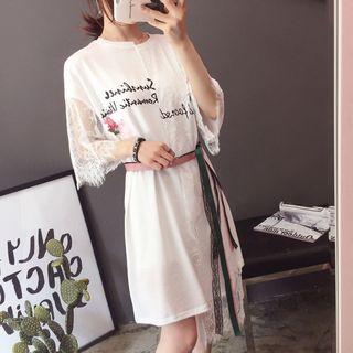 Elbow-sleeve Lace-panel Lettering Dress