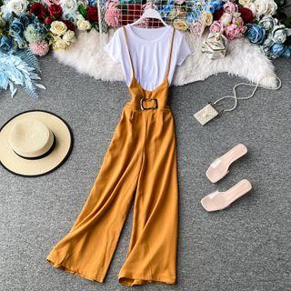 Set: Round-neck T-shirt + Wide-leg Playsuit With Belt
