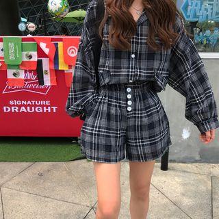 Set: Plaid Long Sleeves Shirt + Pants Plaid - One Size