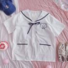 Elbow-sleeve Sailor Collar Bear Print Shirt Bear - Dark Blue & White - One Size