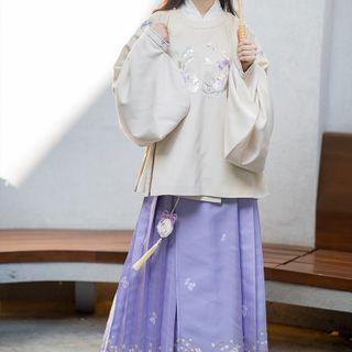 Set: Traditional Chinese Long-sleeve Rabbit Embroidered Top + Pleated Maxi Wrap Skirt