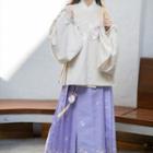 Set: Traditional Chinese Long-sleeve Rabbit Embroidered Top + Pleated Maxi Wrap Skirt