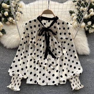 Bow Collar Ruffle Dots Chiffon Top