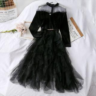 Mesh-panel Velvet A-line Dress With Belt Black - One Size