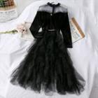 Mesh-panel Velvet A-line Dress With Belt Black - One Size