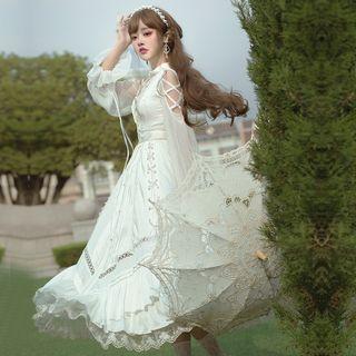 Set: Long-sleeve Midi A-line Dress + Necklace