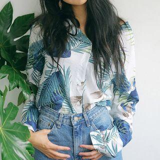 Leaf Print Shirt Peacock Blue - One Size
