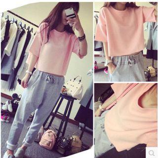 Set: Plain Elbow-sleeve T-shirt + Harem Pants