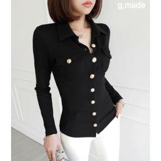 Metal-button Flap-pocket Slim-fit Shirt