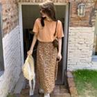Short Sleeve Plain T-shirt / Floral Print Chiffon Midi A-line Skirt