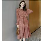 Long-sleeve Floral Print Midi A-line Dress / Knit Vest