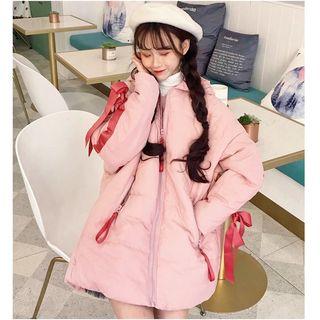Bow-accent Zip Hooded Padded Coat