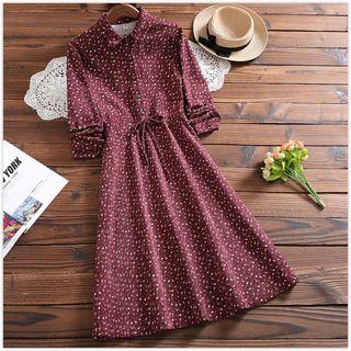Long-sleeve Corduroy Floral Midi A-line Dress