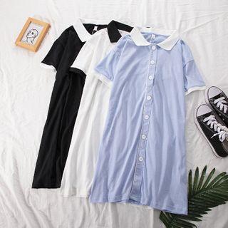 Contrast Trim Buttoned Short-sleeve A-line Dress